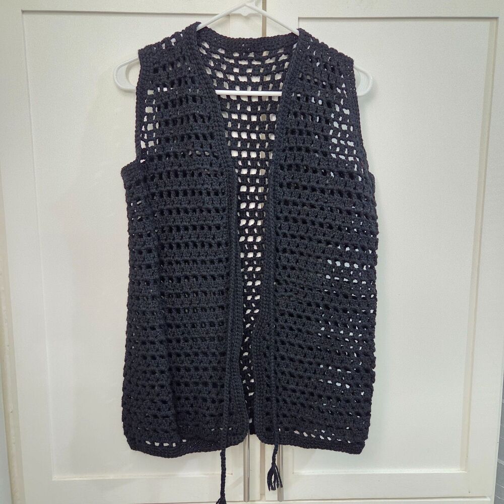 Vintage 70s Crochet Vest Black Boho Handmade Granny Festival Hippie Peasant S/M